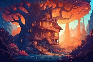 illustration, a fantasy forest, a house on a big tree, generative ai