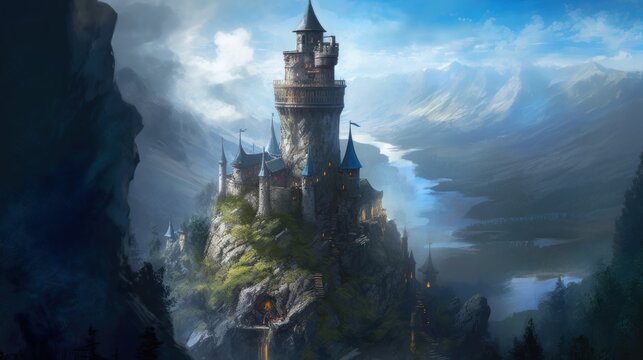 Ancient and towering wizard's tower perched on a craggy cliff. Envision its mysterious interiors filled with arcane books, magical artifacts, and swirling portals, as the resident wizard conducts thei