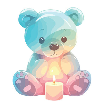 A cute teddy bear sitting on a fluffy blue candle