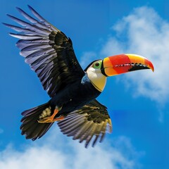 Naklejka premium Majestic Toco Toucan in Flight against Clear Blue Sky