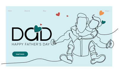 Hugs of a father with a child. One continuous line drawing banner, background, poster with family embrace. Happy Father Day simple vector illustration of child and father. Vector illustration