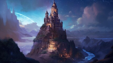 Obraz premium Ancient and towering wizard's tower perched on a craggy cliff. Envision its mysterious interiors filled with arcane books, magical artifacts, and swirling portals, as the resident wizard conducts thei