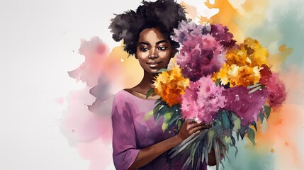 abstract watercolor painting of a woman holding a large bouquet of summer flowers, generative AI 