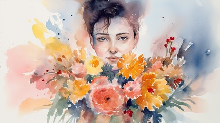 abstract watercolor painting of a woman holding a large bouquet of summer flowers, generative AI 