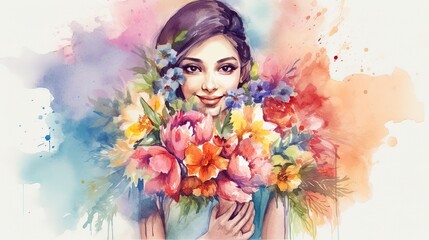 Obraz na płótnie Canvas abstract watercolor painting of a woman holding a large bouquet of summer flowers, generative AI 