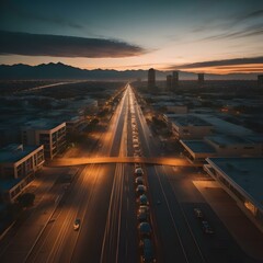 Fototapeta na wymiar Aerial view of highway in the city at sunset. Long exposure. generative ai