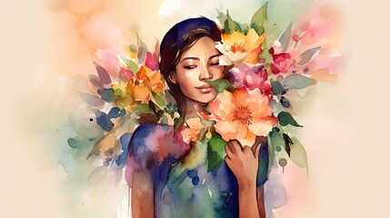 Obraz na płótnie Canvas abstract watercolor painting of a woman holding a large bouquet of summer flowers, generative AI 