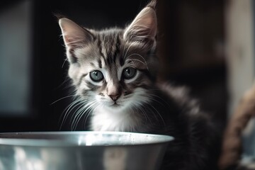 illustration, cute cat sitting in front of a steel bowl, ai generative