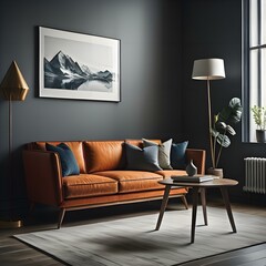 Interior of modern living room with gray walls, wooden floor, orange sofa, coffee table and picture frame on the wall. generative ai
