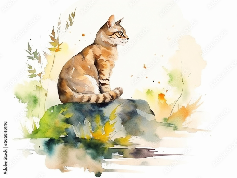 Wall mural A Minimal Watercolor Painting of a Cat in Nature with a White Background | Generative AI - Wall murals
