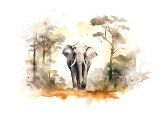 A Minimal Watercolor Painting of a Elephant in Nature with a White Background | Generative AI