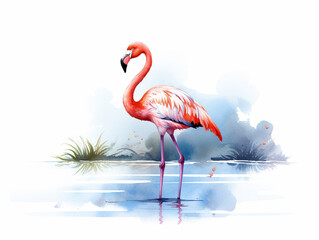 A Minimal Watercolor Painting of a Flamingo in Nature with a White Background | Generative AI
