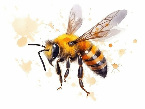 A Minimal Watercolor Painting of a Bee in Nature with a White Background | Generative AI