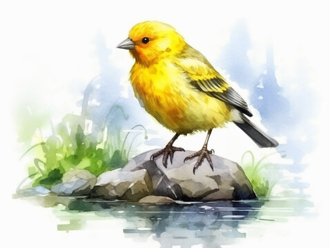 A Minimal Watercolor Painting of a Canary in Nature with a White Background | Generative AI