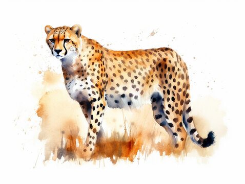A Minimal Watercolor Painting of a Cheetah in Nature with a White Background | Generative AI