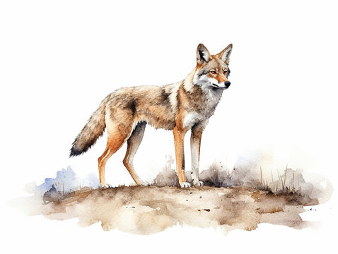 A Minimal Watercolor Painting of a Coyote in Nature with a White Background | Generative AI