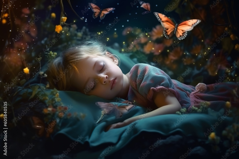 Wall mural Sweet dreams of little girl, cute child sleeping in fantasy forest at night, generative AI