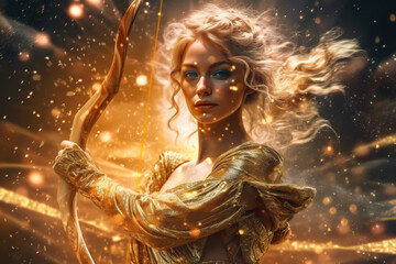 Zodiac sign of Sagittarius as woman, fantasy golden female image, generative AI. - obrazy, fototapety, plakaty