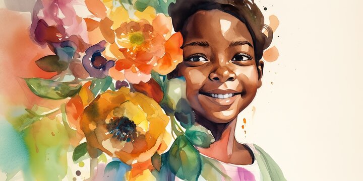 abstract watercolor of a young boy holding a bouquet of colorful summer flowers near his face, generative AI 