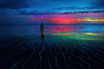 Ocean, neon reflection in water. Fututistic landscape. Generaative ai