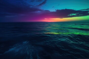 Fototapeta premium Ocean, neon reflection in water. Fututistic landscape. Generaative ai