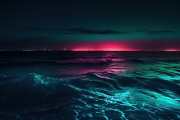 Fototapeta na wymiar Ocean, neon reflection in water. Fututistic landscape. Generaative ai