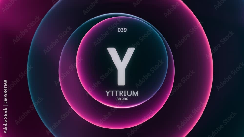 Poster yttrium as element 39 of the periodic table. concept animation on abstract purple blue gradient ring