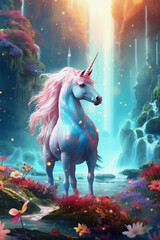 Obraz na płótnie Canvas Illustration of a mystical unicorn in front of a wonderful waterfall - created with generative AI - enhanced by the artist