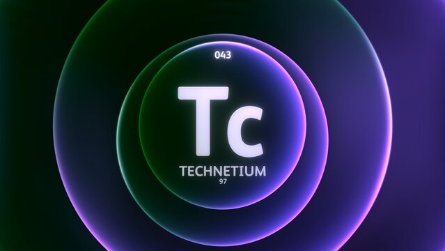 Technetium as Element 43 of the Periodic Table. Concept illustration on abstract green purple gradient rings seamless loop background. Title design for science content and infographic showcase display
