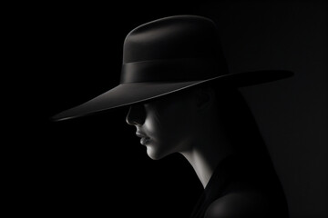 A woman wearing a big black hat in the dark isolated on a black background Generative Ai - obrazy, fototapety, plakaty