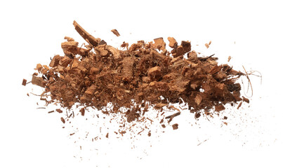 Coconut peel husk flying explosion, coconut chopped medium M size abstract fall down garden. Coconut shell peel fertilizer splash throwing in Air. White background Isolated high speed shutter, freeze