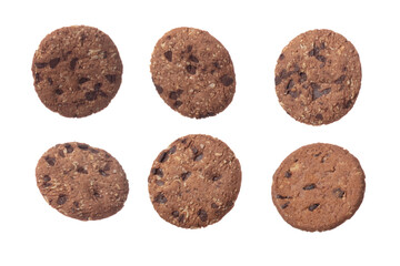 Cookie Chocolate ship round fall fly in mid air, Cocoa Cookie Chocolate ship floating. Cookie Chocolate ship complete round throw in air. White background isolated freeze motion high speed shutter