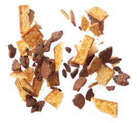 Mixed Cracker Butter Cookie Chocolate chip fall fly in mid air, cookie cracker floating. Mixed...