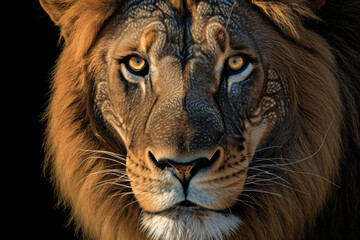 Fototapeta premium A close up of a lion's face on a black background Generative Ai