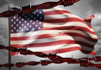 Foto op Plexiglas USA flag. American national symbol. Barbed wire near flag. Metaphor for sanctions or arrest. Concept of state border in USA. US sanctions. United states of America politics. 3d image © Grispb