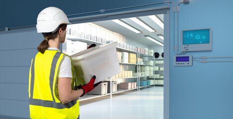 Freezer warehouse. Woman with box with back to camera. Girl enters freezer warehouse. Industrial...