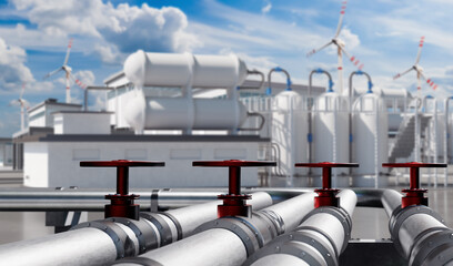 Industrial enterprise. Pipes near plant. Tanks above factory building. Chemical industry. Manufactory in sunny weather. Chemical enterprise. Refinery. Chemical factory. Industrial zone. 3d image