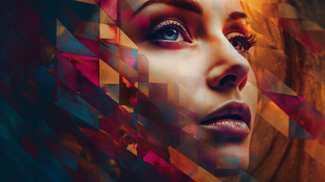 Fototapeta A woman's face is shown with a multicolored abstract geometric background Generative Ai