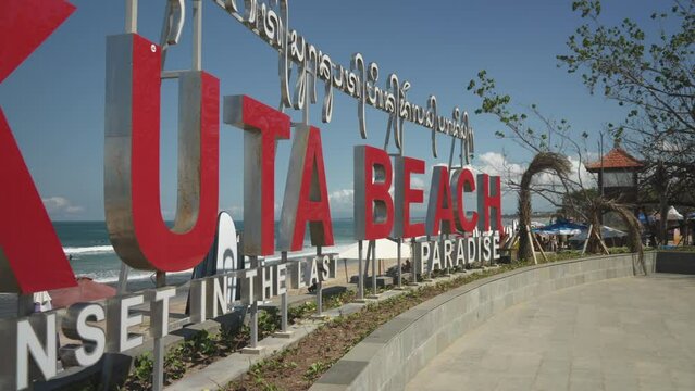 Kuta Beach sign at Kuta Beach in morning, Kuta, Bali, Indonesia, South East Asia