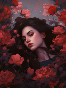 A Brunette Woman Surrounded By Red Flowers Generative Ai