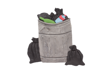 City trash bag. Black trash bags and garbage metal can handmade with plasticine. A trash can with a black bag full of trash. Ecology and environment concept. Isolated on white background