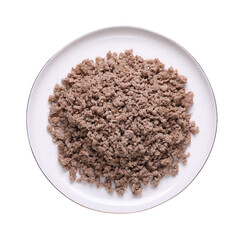 Plate of fried minced meat on white background, top view