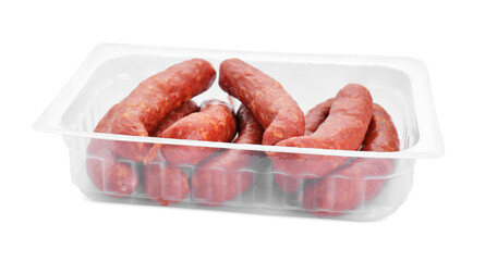 Plastic container with sausages isolated on white. Meat product