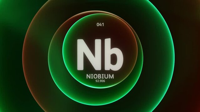 Niobium as Element 41 of the Periodic Table. Concept animation on abstract green red gradient rings seamless loop background. Title design for science content and infographic showcase backdrop.