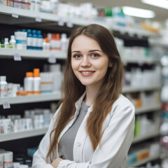 Female pharmacist in a drug store - made with Generative AI tools