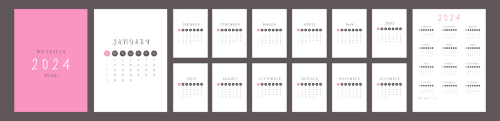 2024 Calendar Wall Minimal Template Design. Week starts on Sunday. Corporate or office calendar. English vector calendar layout.	