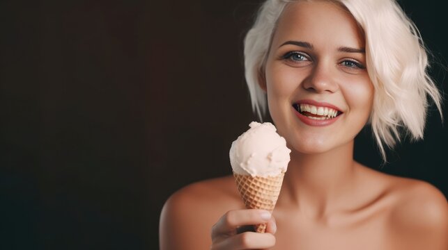 Young woman with short blonde hair eating ice cream - made with Generative AI tools