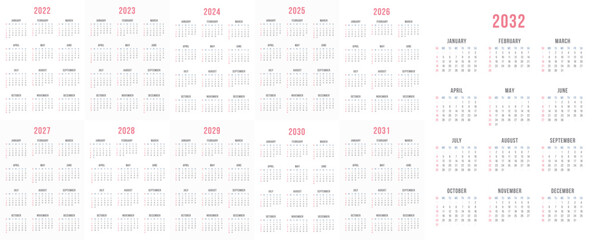 Classic 2024-2032 Calendar Designs. Modern Vector Templates for Desk, Wall One-Page Layouts. English Calendar with Sunday Start, Quarterly and Annual Views. Graphic Business Planner.