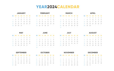 Horizontal 2024 Calendar Design: One-Page Yearly Planner Template. Organize Your Schedule with Daily, Monthly, and Quarterly Sections. Classic, Modern Layout for Desk, Wall or Desktop Use. 