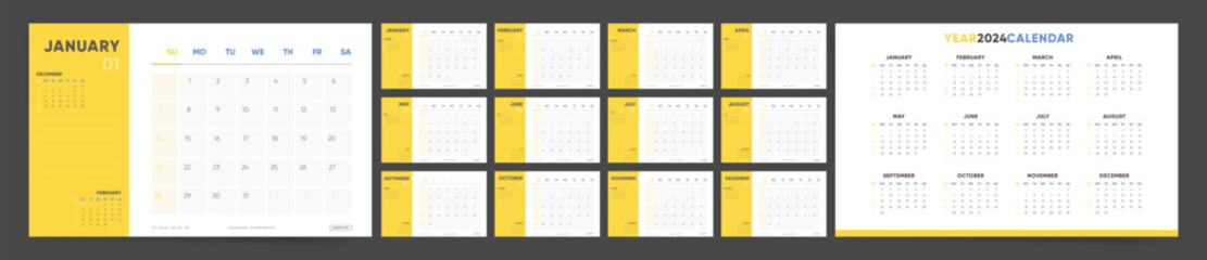 Desk Calendar Templates for 2024. 12 Month Set in Modern Yellow Design. 